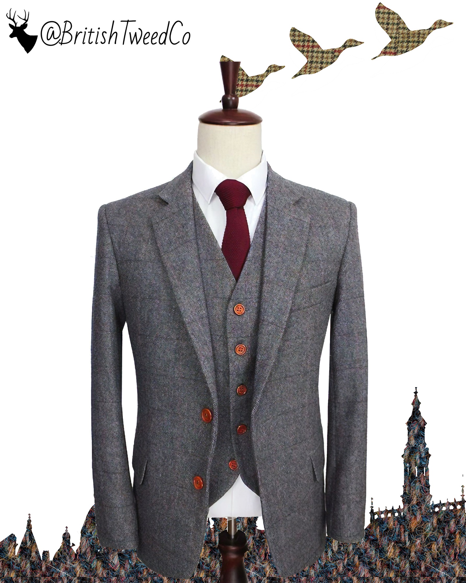 Women's Dark Grey Check Tweed Suit, Three Piece with Trousers
